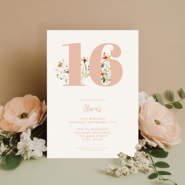 Invitación Moderno Boho Wildflower Elegante 16 cumpleaños (Subido por el creador)