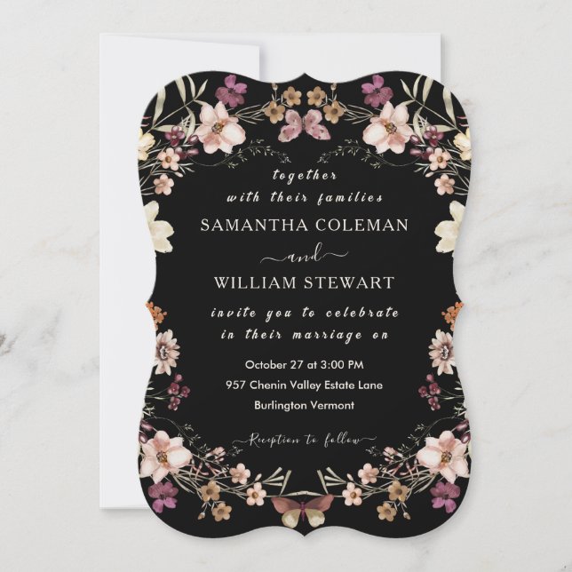Invitación Moderno Boho Wildflower Elegante Boda negro (Anverso)