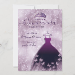 Invitación Moderno bokeh morado vestido de mariposa tiara Qui