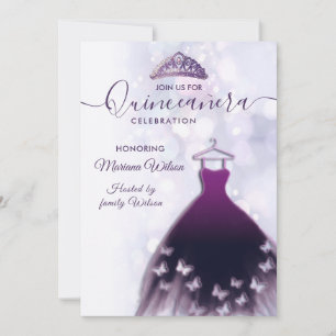 Invitación Moderno bokeh morado vestido de mariposa tiara Qui
