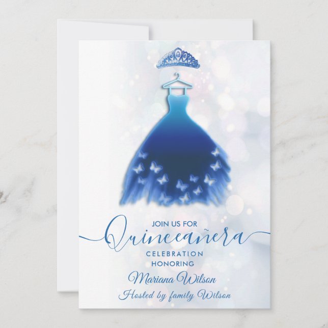 Invitación Moderno bokeh vestido de mariposa azul tiara Quinc (Anverso)