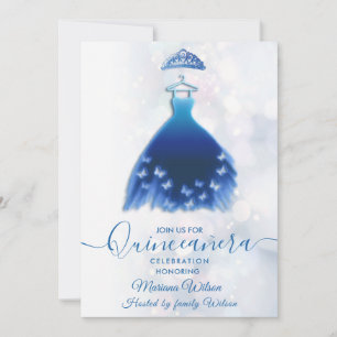 Invitación Moderno bokeh vestido de mariposa azul tiara Quinc