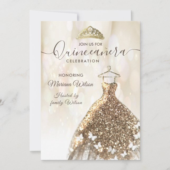 Invitación Moderno bokeh vestido de mariposa de oro tiara Qui (Anverso)