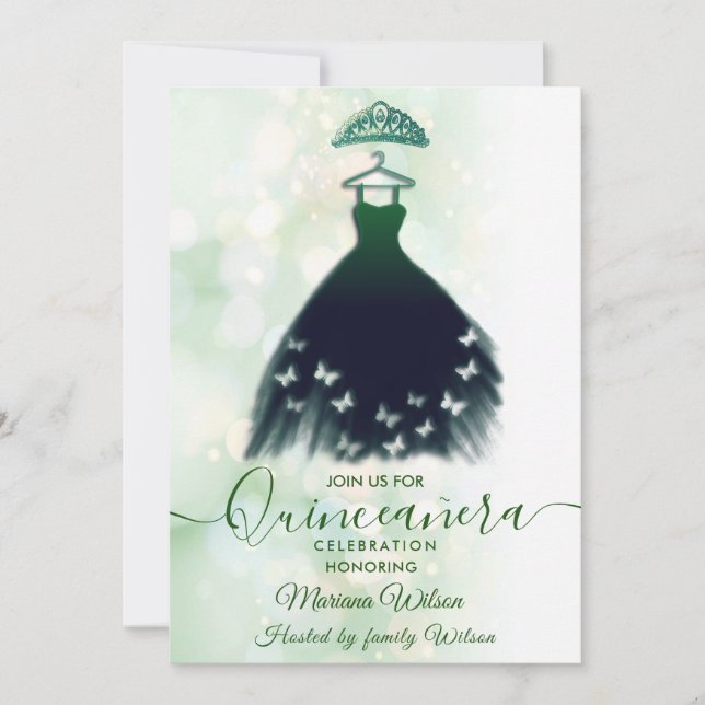 Invitación Moderno bokeh vestido de mariposa verde tiara Quin (Anverso)