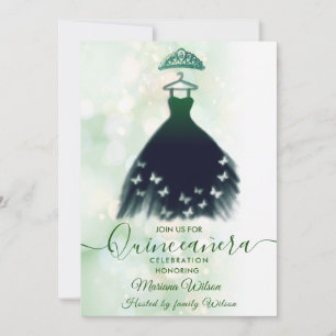 Invitación Moderno bokeh vestido de mariposa verde tiara Quin