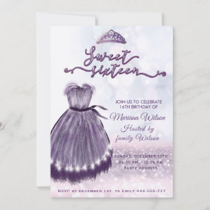 Invitación Moderno bokeh vestido púrpura tiara dulce 16