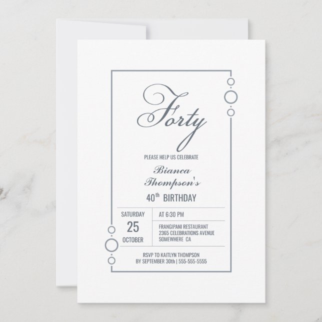 Invitación Moderno borde gris 40.º Fiesta de cumpleaños (Anverso)