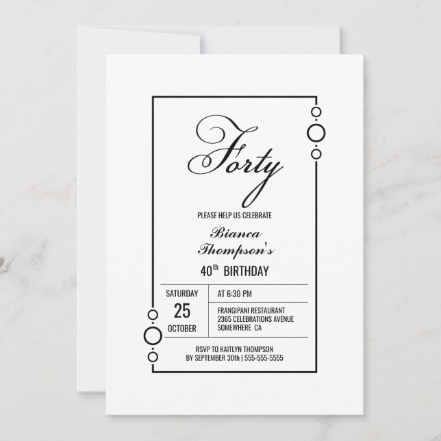 Invitación Moderno borde negro 40.º Fiesta de cumpleaños (Anverso)