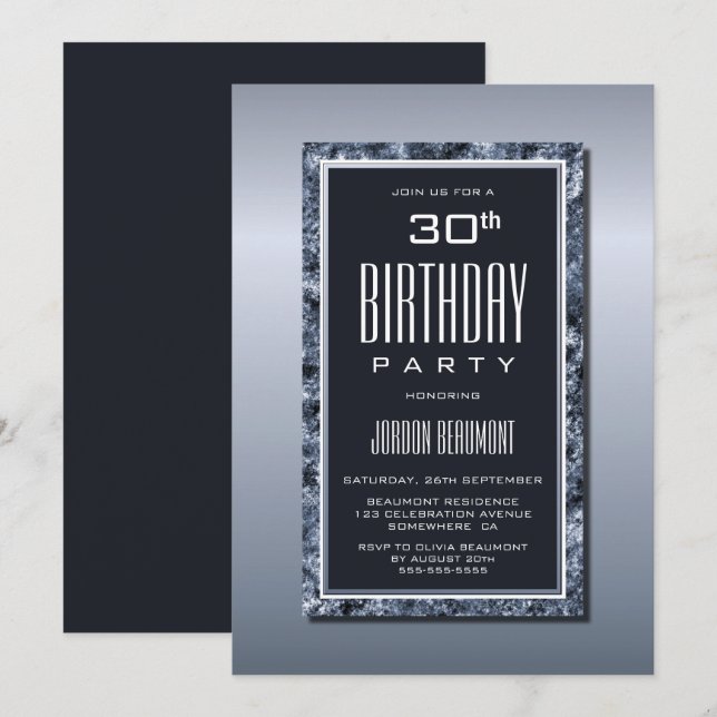 Invitación Moderno borde plateado 30.º Fiesta de cumpleaños (Anverso / Reverso)