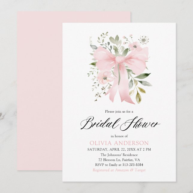 Invitación Moderno Bow Rosa Coquette Floral Bridal Ducha (Anverso / Reverso)