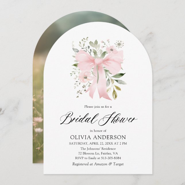 Invitación Moderno Bow Rosa Coquette Floral Bridal Ducha (Anverso / Reverso)