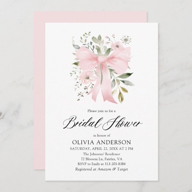 Invitación Moderno Bow Rosa Coquette Floral Bridal Ducha (Anverso / Reverso)