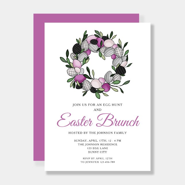 Invitación Moderno Brunch Botánico Morado de Pascua (Modern Purple Botanical Wreath Easter Brunch Invitation)