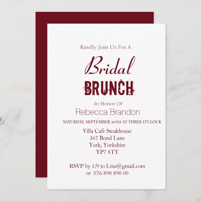 Invitación Moderno brunch burdeos audaces de novias en Borgoñ (Anverso / Reverso)