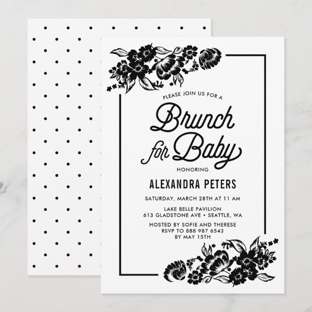 Invitación Moderno brunch de Baby Shower botánico negro (Anverso / Reverso)