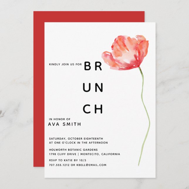 Invitación Moderno brunch de las Bodas rojas bridesmaids (Anverso / Reverso)