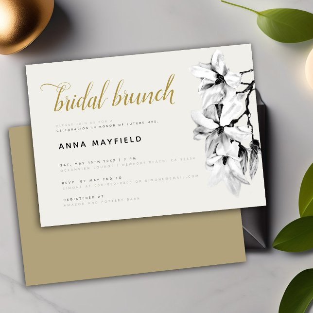 Invitación Moderno brunch de novia de la Magnolia blanca negr (Subido por el creador)