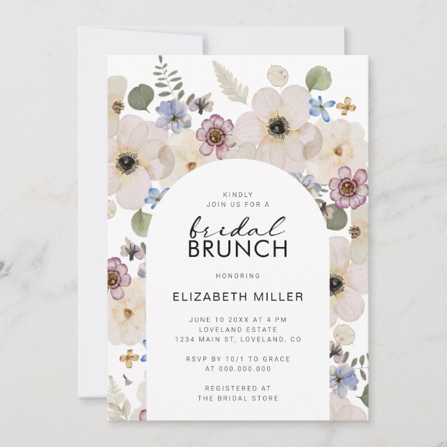 Invitación Moderno Brunch de novias florales (Anverso)