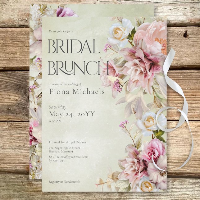 Invitación Moderno brunch de novias rosado y limosna verde (Delicate Modern Pink Rose & Lily Green Bridal Brunch Invitation)