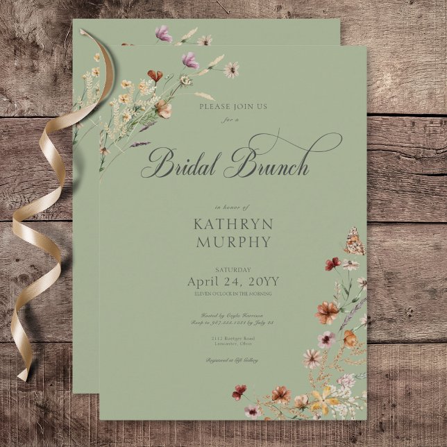 Invitación Moderno Brunch de Novias Verde (Modern Green Wildflower Bouquet Bridal Brunch Invitation)