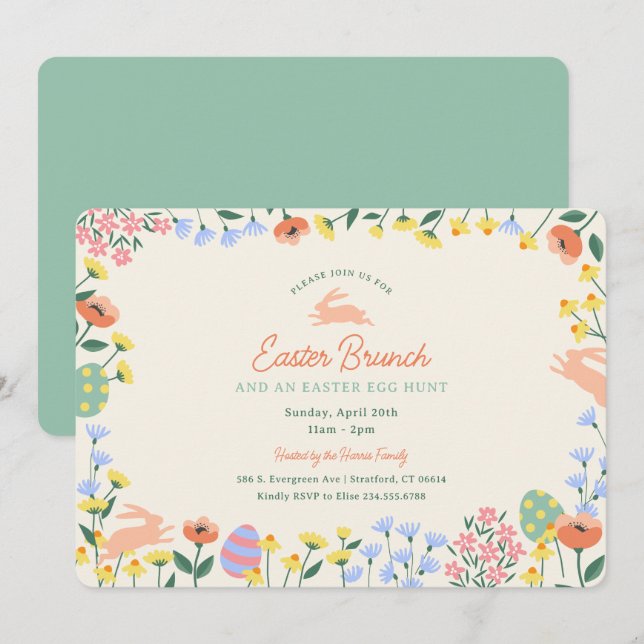 Invitación Moderno Brunch de Pascua Floral de Primavera (Anverso / Reverso)