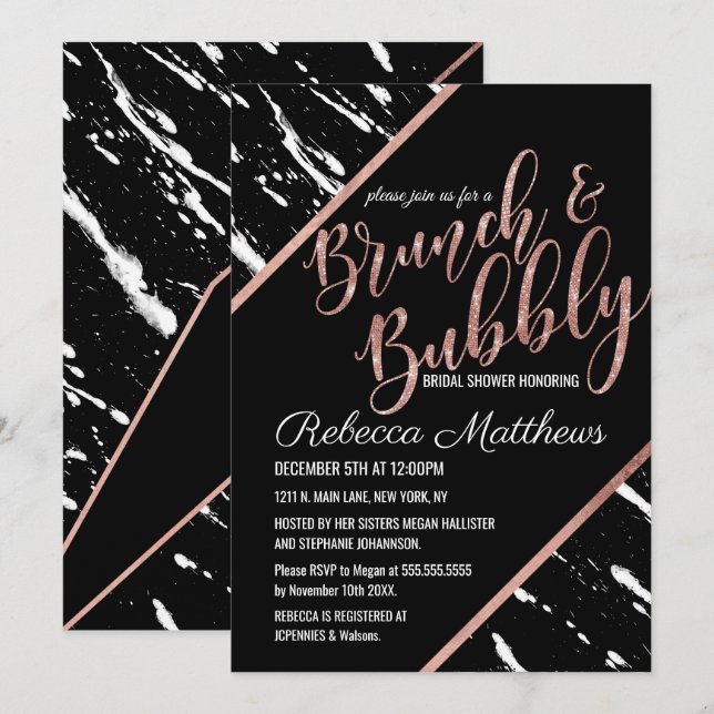 Invitación Moderno brunch dorado de mármol blanco Rosa negro (Anverso / Reverso)