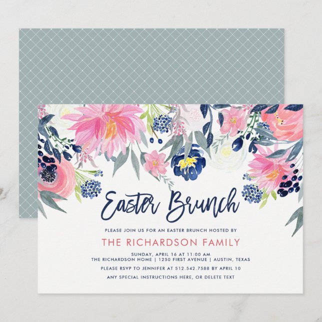 Invitación Moderno brunch floral de Rubor y marina (Anverso / Reverso)