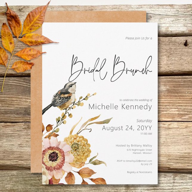 Invitación Moderno Brunch floral y de novias con pájaro (Modern Fall Floral & Bird Bridal Brunch Invitation)