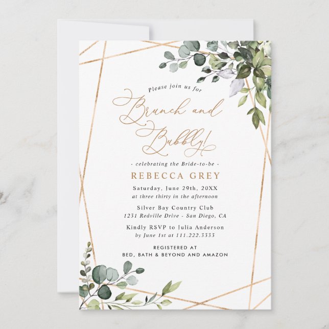 Invitación Moderno Brunch Gold Greenery & Bubbly Bridal Showe (Anverso)