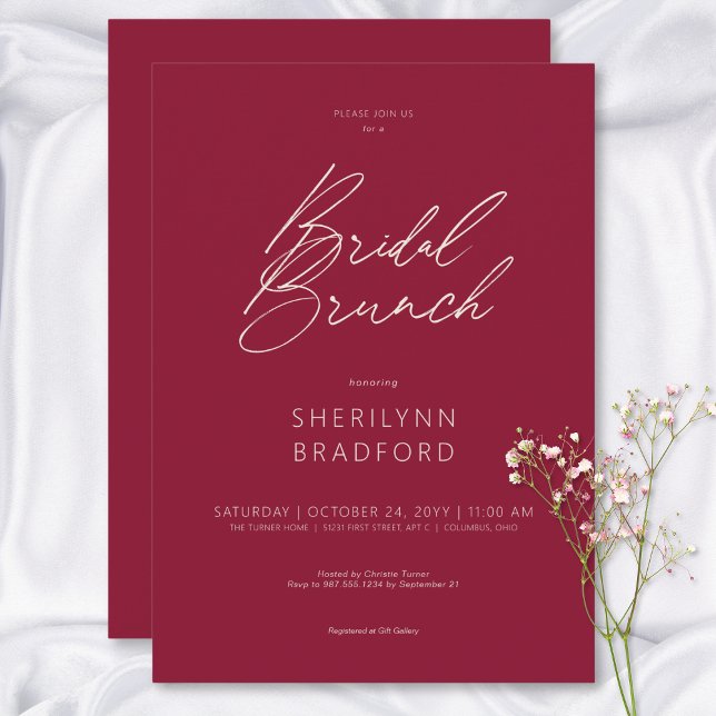 Invitación Moderno Brunch Mínimo Borgoña Nodal (Modern Minimal Burgundy Wine Bridal Brunch Invitation)