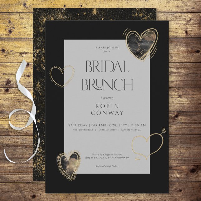 Invitación Moderno Brunch Mínimo Negro & Oro Corazones Bridal (Modern Minimal Black & Gold Hearts Bridal Brunch Invitation)