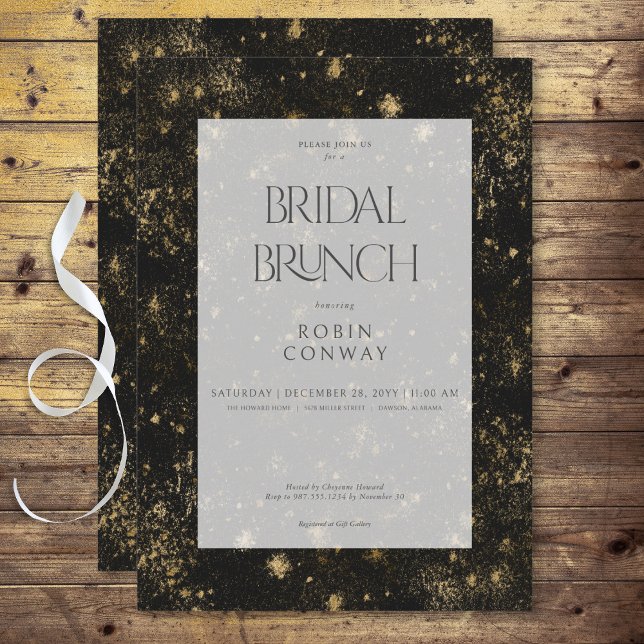 Invitación Moderno Brunch Mínimo Negro y Oro Purpurina Bridal (Modern Minimal Black & Gold Glitter Bridal Brunch Invitation)