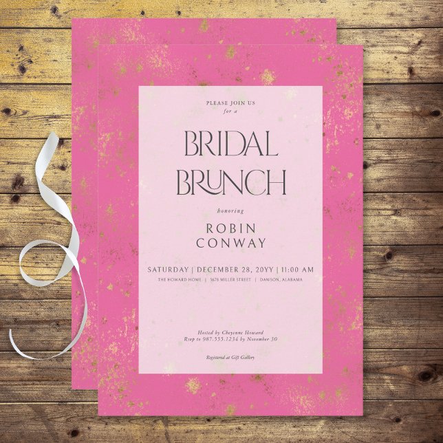 Invitación Moderno Brunch Mínimo Rosa & Oro Purpurina Bridal (Modern Minimal Pink & Gold Glitter Bridal Brunch Invitation)
