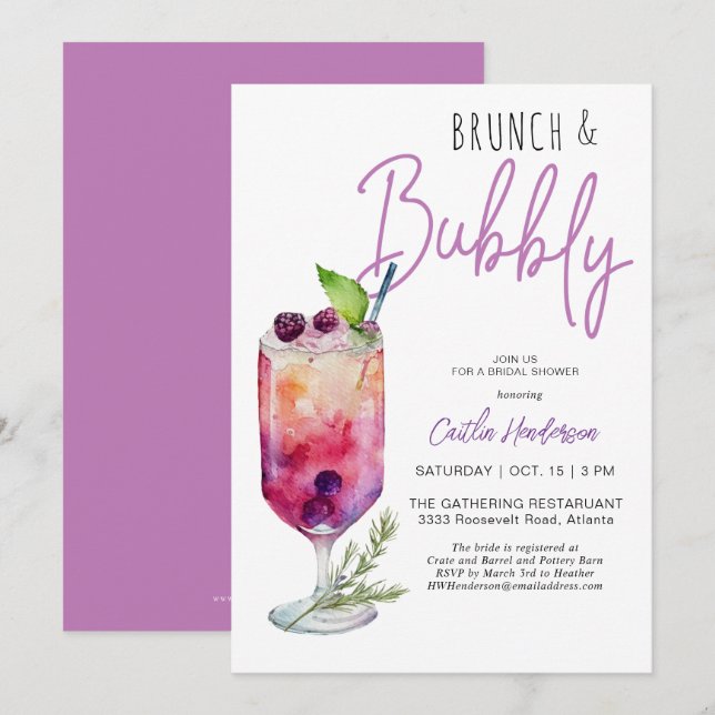 Invitación Moderno brunch morado y ducha de novia burbujeante (Anverso / Reverso)