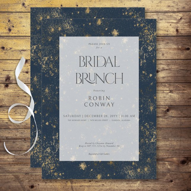Invitación Moderno brunch nupcial con Purpurina azul y oro (Modern Minimal Blue & Gold Glitter Bridal Brunch Invitation)