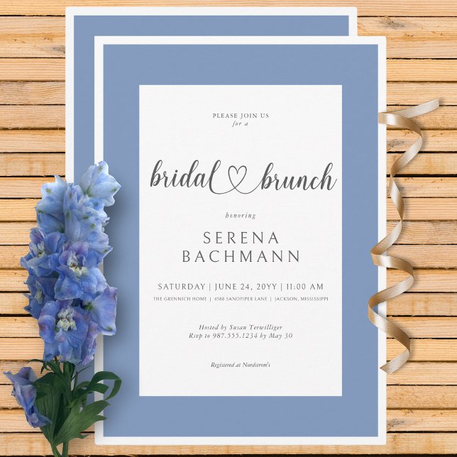 Invitación Moderno Brunch Romántico Azul y Blanco de Novias (Modern Romantic Blue & White Bridal Brunch Invitation)