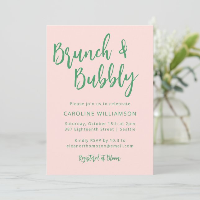 Invitación Moderno Brunch Script Bubbly Shower Pink Green (Anverso de pie)