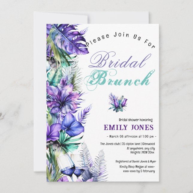 Invitación Moderno brunch tropical morado de flores púrpura (Anverso)