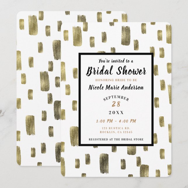 Invitación Moderno Brush Gold Copper Bronze Bridal Shower (Anverso / Reverso)
