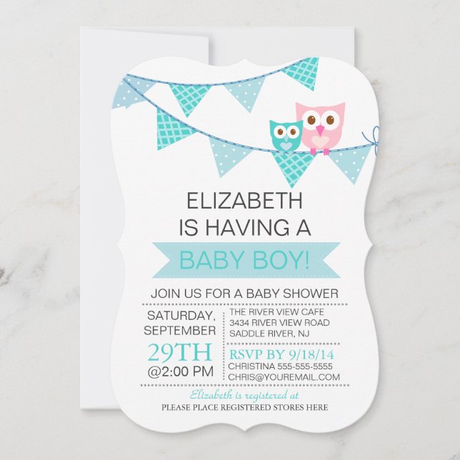 Invitación Moderno Bunting Blue Pennant Owl Boy Baby Shower (Anverso)