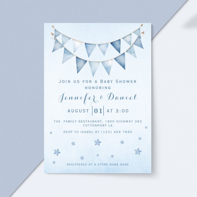 Invitación Moderno Bunting Blue Starry Sky Baby Shower Pennan (Subido por el creador)