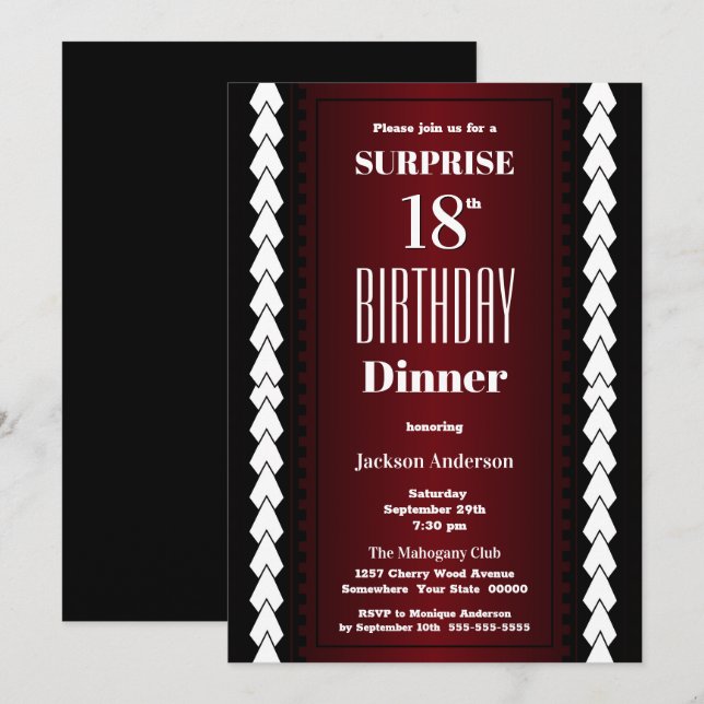 Invitación Moderno Burgundy Surprise 18º cumpleaños (Anverso / Reverso)