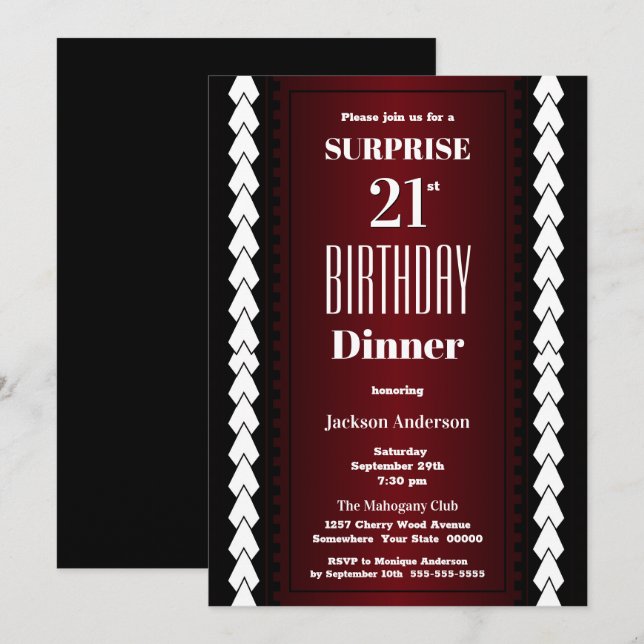 Invitación Moderno Burgundy Surprise 21ª cena de cumpleaños (Anverso / Reverso)