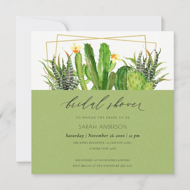 INVITACIÓN MODERNO CACTUS GARDEN WATERCOLOR BRIDAL DUCHA (Anverso)
