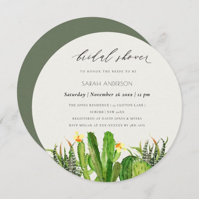 INVITACIÓN MODERNO CACTUS GARDEN WATERCOLOR BRIDAL DUCHA (Anverso / Reverso)