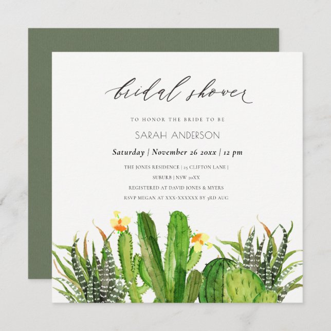 INVITACIÓN MODERNO CACTUS GARDEN WATERCOLOR BRIDAL DUCHA (Anverso / Reverso)