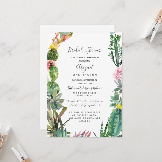 Invitación Moderno Cactus Simple Suculento Ducha Bridal (Anverso/Reverso In Situ)