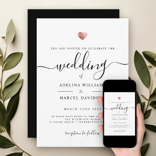 Invitación Moderno caligrafía mínima Rosa Boda del corazón do