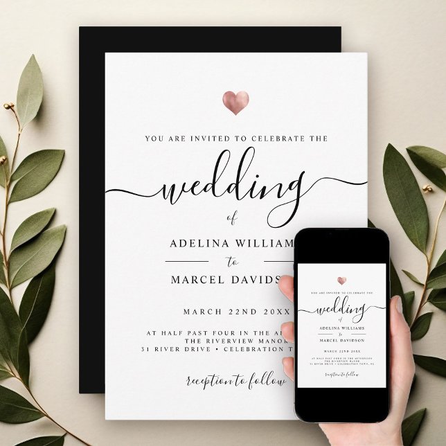 Invitación Moderno caligrafía mínima Rosa Boda del corazón do (Subido por el creador)