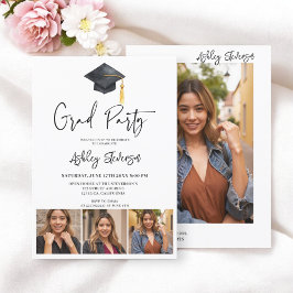 Invitación Moderno Cap white Simple 4 Photo Graduation Party